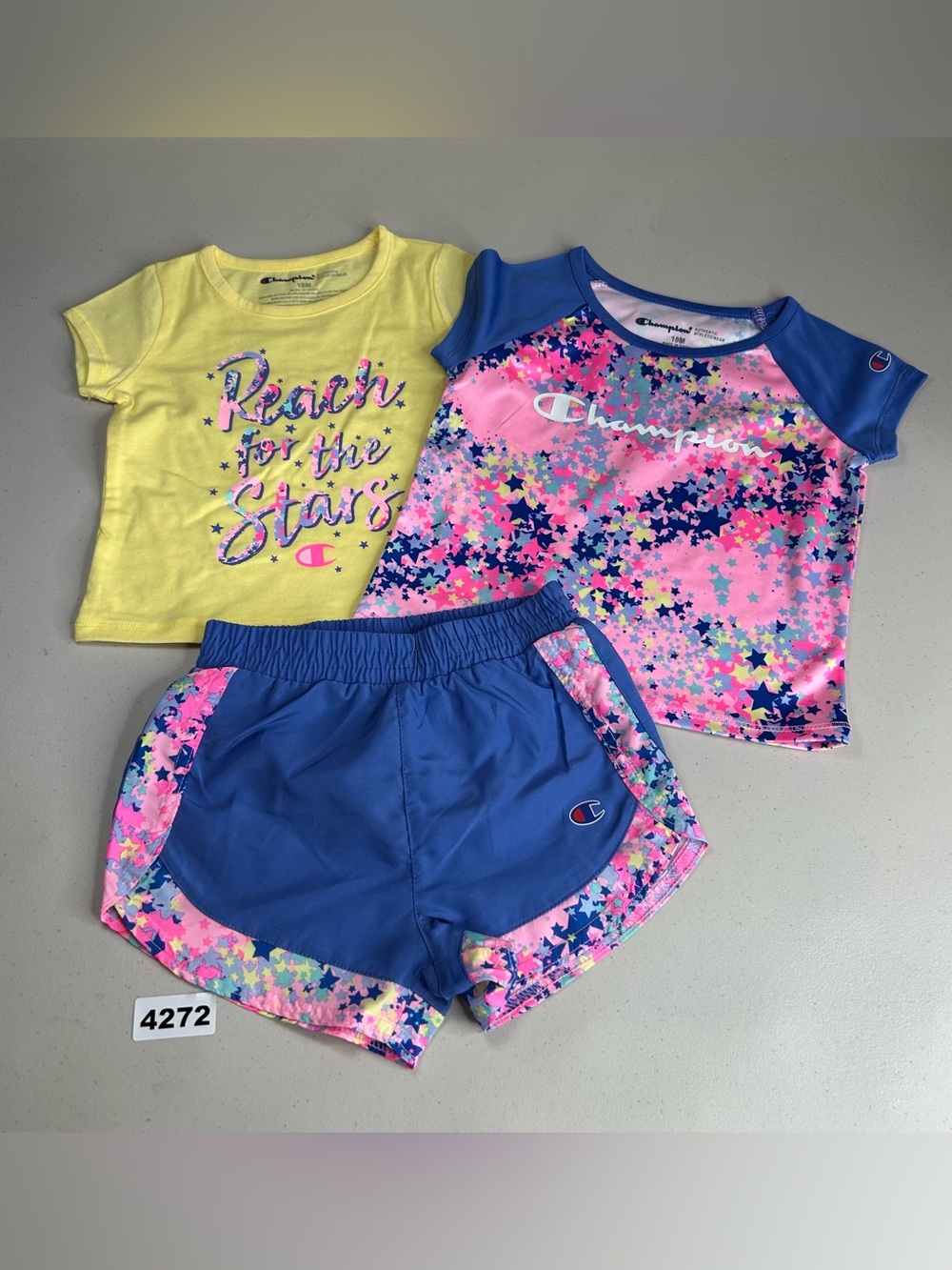 Champion Girls 12-18M 3 Piece Shorts Set Blue Pink Yellow Star Print